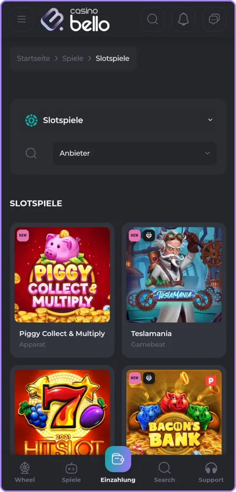 Spielautomaten-Seite 1 bei Casino Bello