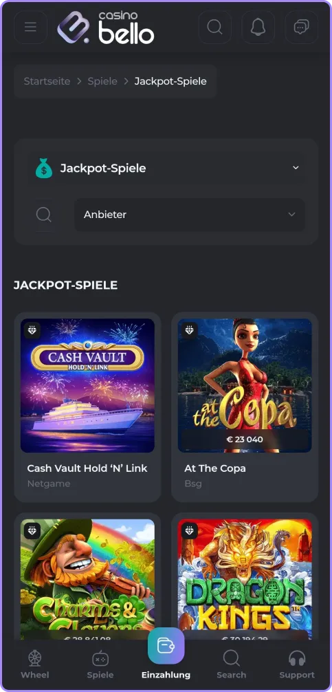 ackpot-Spiele-Seite 1 bei Casino Bello